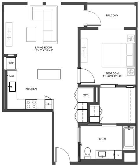 Floor plan for 1 bed, 1 bath, 800 sqft